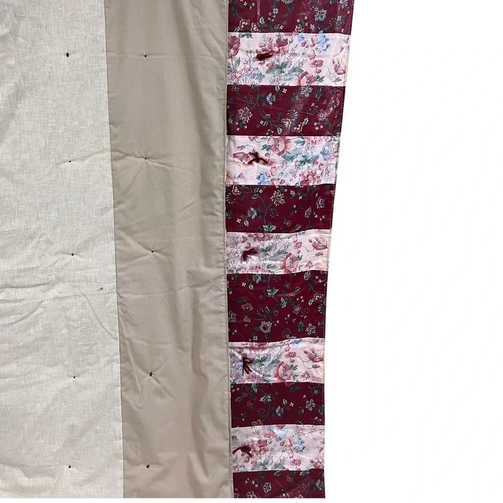 Handmade Burgundy Floral Stripe Twin Quilt 62x82 Tied Cottage Bedding